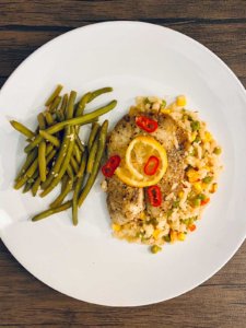 Baked Talapia over Cauliflower Rice Pilaf with Green Beans-01